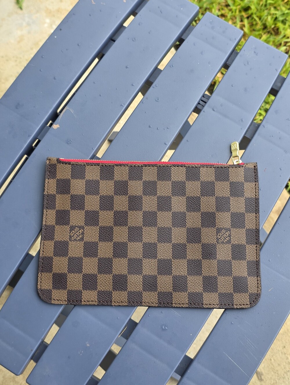Louis Vuitton Damier Ebene Neverfull Pochette Wristlet Pouch Clutch Red Lining - Picture 2 of 8